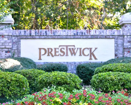 stone sign at entrance of Prestwick neighborhood